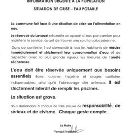 Information urgente à la population : situation de crise – eau potable